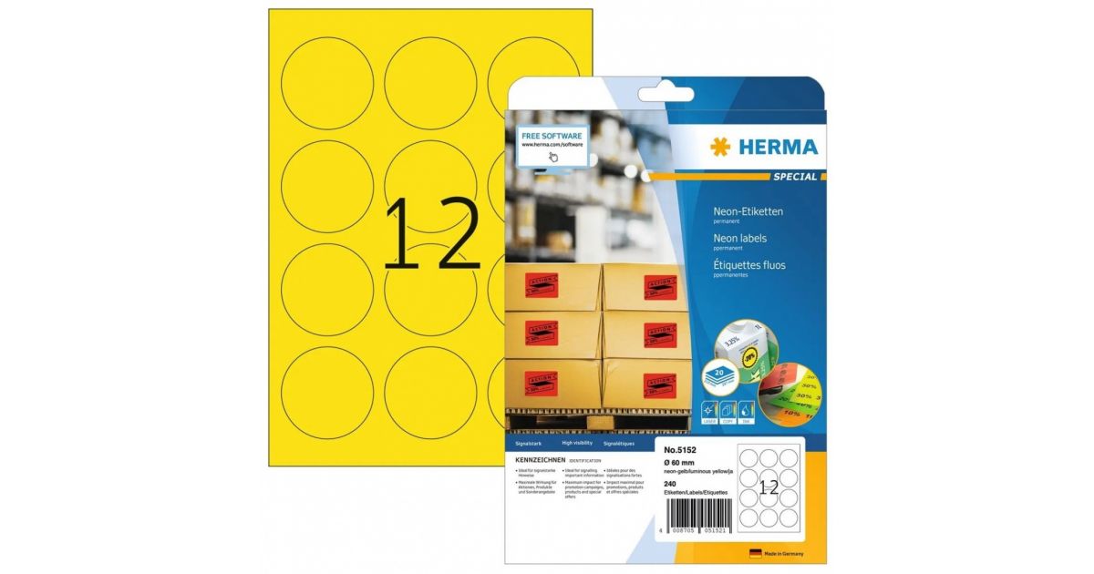 Herma neontarra A4, Ø 60 mm, pyöreä neonkeltainen pysyvä tartunta ...