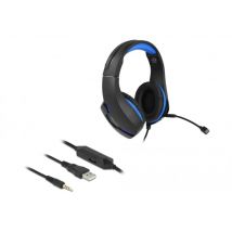 Delock Gaming Headset Over-Ear 3,5 mm:n stereoliittimellä ja sinisellä LED-valolla.