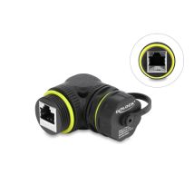 Delock vedenpitävä IP68 RJ45 Cat6 jatkoliitin suojakorkilla, kulmalla