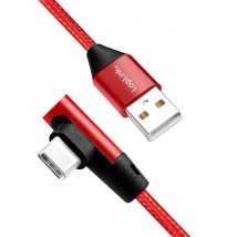USB 2.0 -kaapeli, USB-C / uros (90°) - USB-A / uros, kangas, punainen, 0.3m