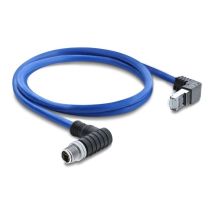 Delock M12 X-coded 8-pin uros - RJ45 Cat.6a S/FTP kulma alas/ylös, 2 m, sininen