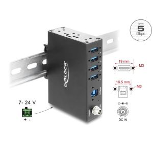 Delock Teollisuushub USB 5 Gbps Type-A x 4, 8 kV ESD-suojauksella ja DIN-kisko kiinnityksellä