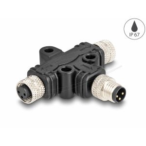 M8 T-jakaja, A-koodattu, 3-nastainen, 1 x uros - 2 x naaras, rinnakkaisliitäntä