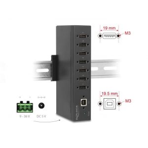Delock Teollisuushub 7 x USB 2.0 Type-A, 15 kV ESD, DIN-kiskoon kiinnityksellä