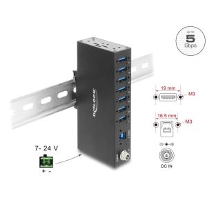 Delock Teollisuushub USB 5 Gbps Type-A x 7, 8 kV ESD-suojauksella ja DIN-kisko kiinnityksellä