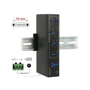 Ulkoinen teollisuus Hub 4 x USB 3.0 Type-A, 20 kV ESD suojaus DIN kiskoon