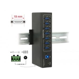 Ulkoinen teollisuus Hub 7 x USB 3.0 Type-A, 20 kV ESD suojaus DIN kiskoon