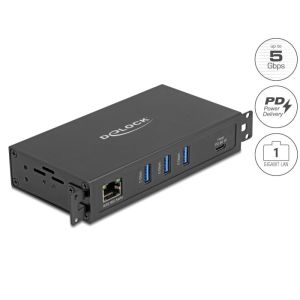 Delock 3-port USB 5 Gbps hub + RJ45 Gigabit LAN PoE++, USB Type-C metallikotelo, 1,5 kV:n eristyksellä