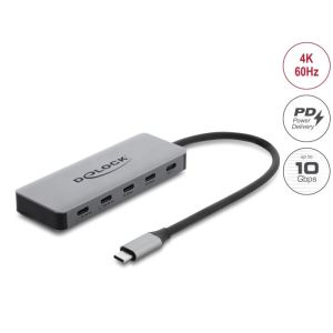 Delock hubi 2 x USB-C 10 Gbps ja 2 x USB-C 4K, PD 3.0 -liitännällä, 100 wattia