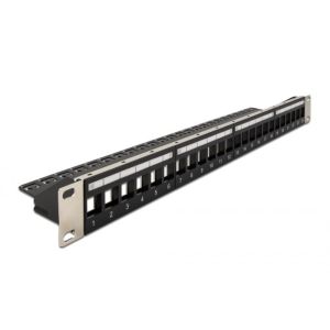 Delock 19" Keystone-kytkentäpaneeli, 24-porttia, vedonpoistolla, musta