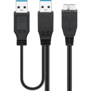 USB 3.0 micro B - 2 x Type-A dual power SuperSpeed kaapeli, 0,3m