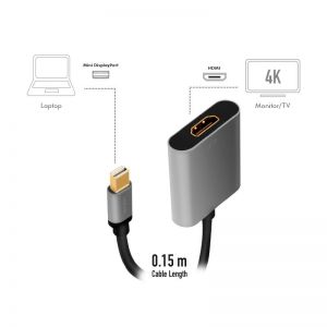 miniDisplayport uros - HDMI naaras adapteri, 4K/60Hz, alu, musta/harmaa, 0,15 m