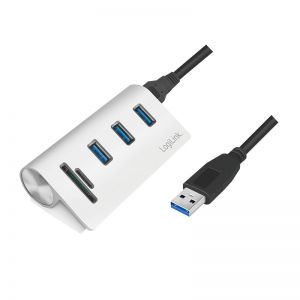 USB 3.0 -hub, 3-porttinen, SD/microSD-kortinlukija, alumiinikotelo