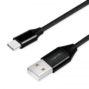 USB 2.0 Type-C -kaapeli, C/uros–USB-A/uros, kangaspäällysteinen, musta, 0,3 m