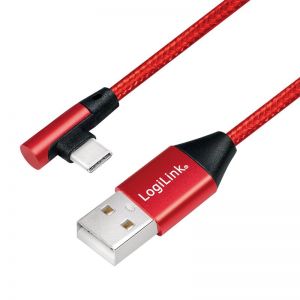 USB 2.0 -kaapeli, USB-C / uros (90°) - USB-A / uros, kangas, punainen, 1 m