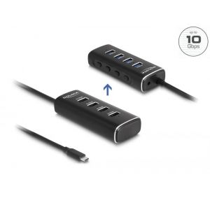 Delock 4-Port USB-A 10 Gbps hubi 60 cm USB-C kaapeli, On/Off kytkimillä