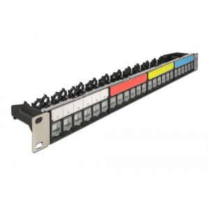 Delock 19″ Keystone Patch Panel 24-porttia, kaapelin kiinnityskiskoilla, merkintäkenttä ja pöysuoja 1U