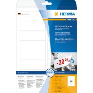 Herma tarra-arkki A4, irroitettava tarra (88,9mmx33,8mm) 25 arkkia (400 kpl)