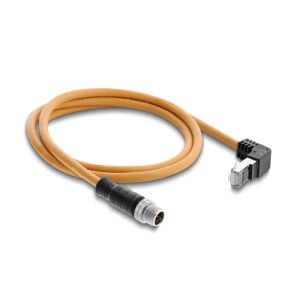 Delock M12 X-coded 8-pin uros - RJ45 Cat.6a S/FTP kulma ylös, 1 m, oranssi