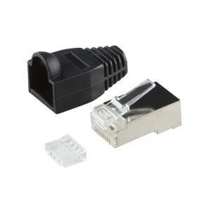 RJ45 Cat6 suojattu liitin & vedonpoistaja musta 100 kpl
