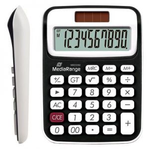 Pöytälaskin 10-numeroisella LCD-näytöllä, aurinko- ja paristokäyttöinen, musta/valkoinen