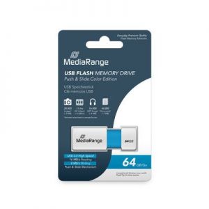 USB 2.0 -muistitikku liukumekanismilla, vaaleansininen/valkoinen, 64 Gt
