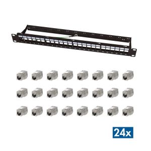 Modulaarinen 19" 24-porttinen Cat.6A-keystone-kytkentäpaneeli 1U ja 24 kpl keystone moduulia