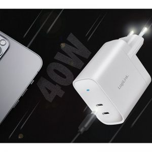 USB-virtalähde DUAL, GaN, 2x USB-C (PD), 40 W, valkoinen