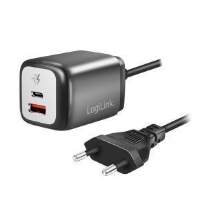 Dual USB-laturi, GaN, 1 x USB-A, 1 x USB-C, 30 W, kiinteä 1,5m kaapeli